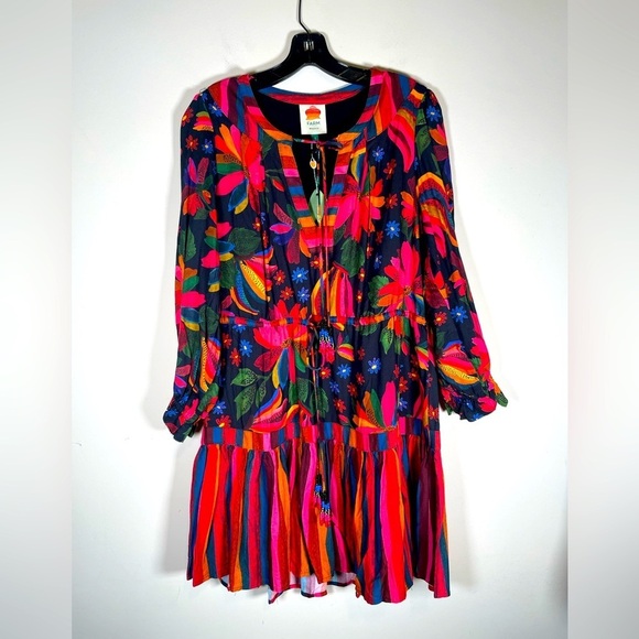 Farm Rio Black Banana Sky Mini Dress Sz S Puff Sleeve Tiered Flowy Beaded Beach - Picture 3 of 16